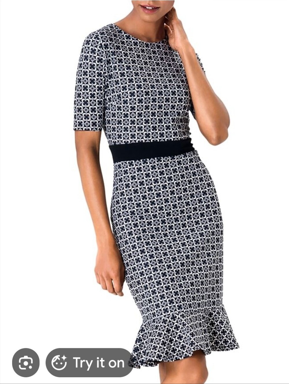 Leota Bkack and White Patterned Midi Sheath Dress with Waistband - Size XXL (18)